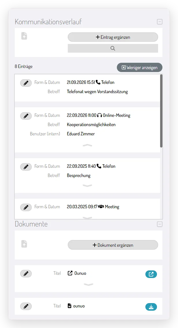 Kommunikationsverlauf mit Telefonaten und Meetings, darunter Dokumente am Kontakt