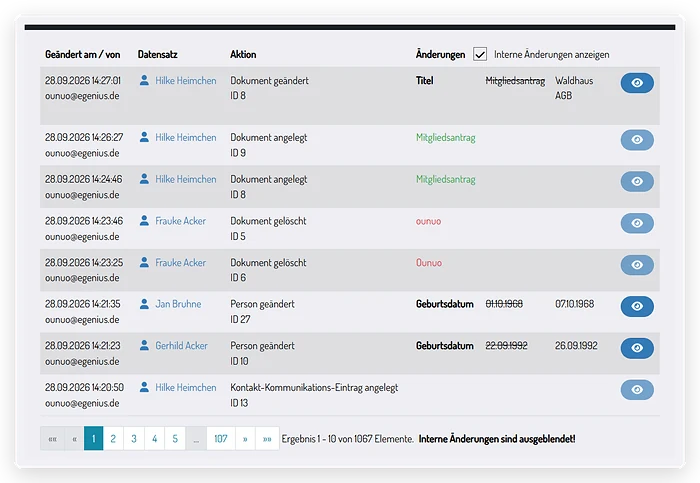 Änderungsprotokoll mit Datum, Bearbeiter, Aktion sowie altem und neuem Wert