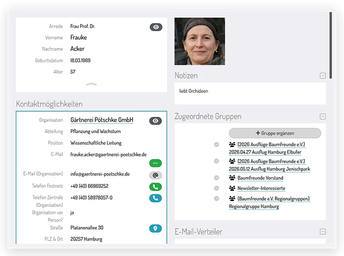 Kontaktprofil in ounuo mit beruflichen und privaten Kontaktdaten, Anschrift, Notizen und Gruppen
