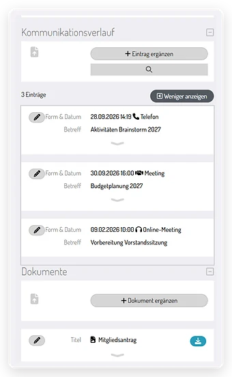 Kommunikationsverlauf mit Telefonaten und Meetings, darunter Dokumente am Kontakt
