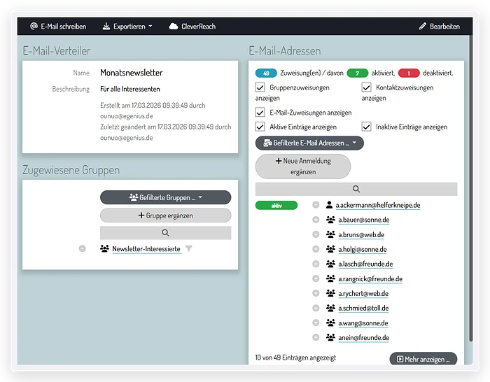 E-Mail-Verteiler Monatsnewsletter mit Adressen, Status und CleverReach-Anbindung