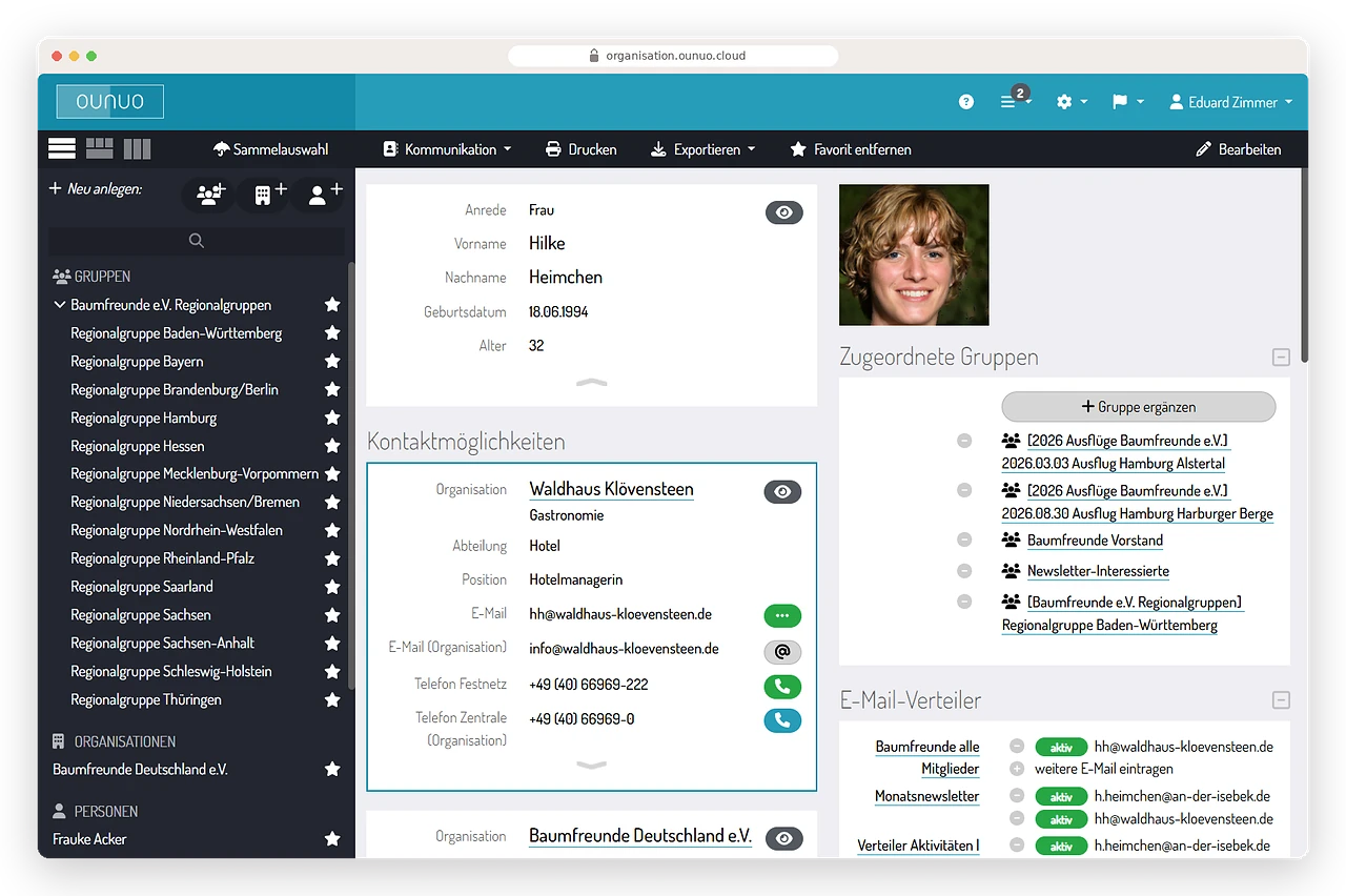 Kontaktansicht in ounuo: Personenprofil mit Kontaktdaten, Organisation, Gruppen und E-Mail-Verteilern